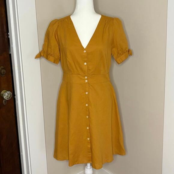 Gap Linen V-Neck Dress Women's S | Desert Sunset Gold, Tie Sleeve | NWT - Picture 3 of 16
